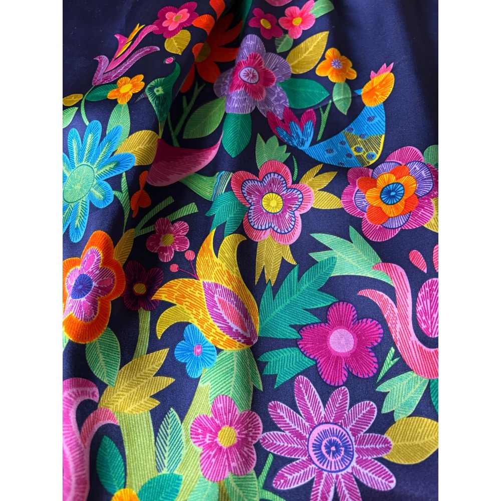 Boho Floral Voom Joy Han 100% Silk Empire Waist Mini Dress S Navy Blue Vintage - Picture 8 of 12